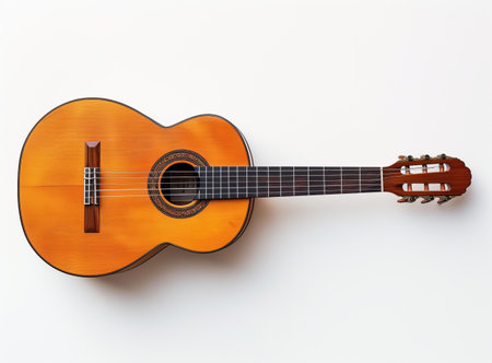A classic wooden guitar isolated on a white background, showing its detailed craftsmanship and elegant designの素材