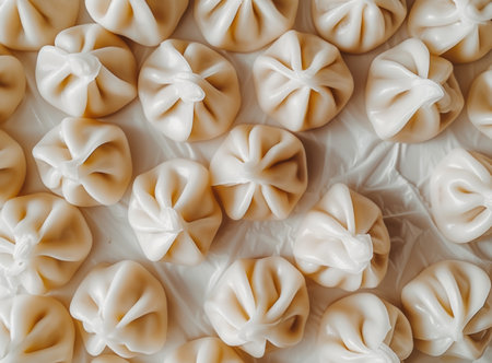 Raw khinkali, Georgian dumplings, on a white background. View from aboveの素材
