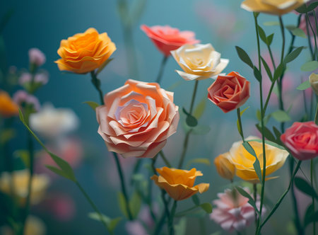 A bright bouquet of multi-colored roses on a soft dreamy background. Flowers are made of paperの素材