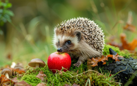 A hedgehog on green moss interacts with a red apple, surrounded by mushrooms and fallen leavesの素材