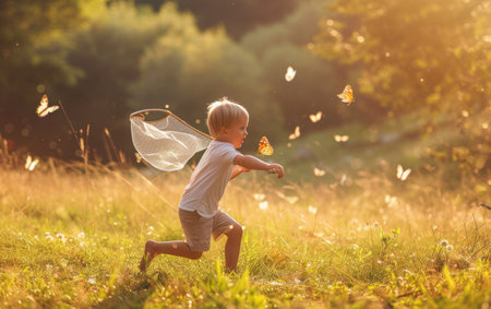 A child boy with a net chases butterflies in a sunlit, grassy field, embodying innocence and the magic of summerの素材