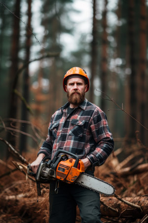 Confident man holding a chainsaw, standing in the forestの素材