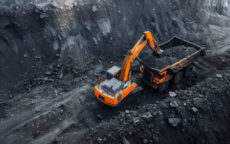 Heavy machinery at work in a vast, dark open-pit mine, excavating and transporting mineralsの素材