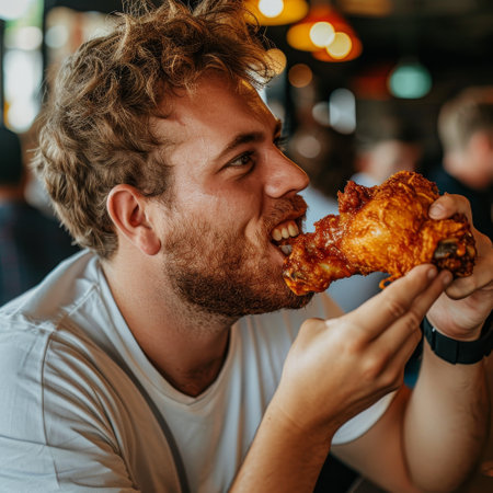 A man is sitting in a restaurant, enjoying a piece of fried chickenの素材