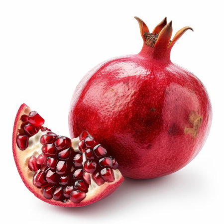 Rich red pomegranate and a section revealing juicy seeds against a white backgroundの素材