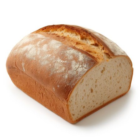 A classic white bread loaf with a golden crust, dusted with flour, isolated on white backgroundの素材