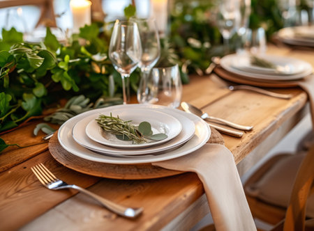 Table setting in Rustic style, stylish wedding. Elegant outdoor dining area with white plates, wine glasses and floral decorationsの素材