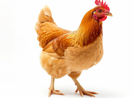 A vibrant, detailed close-up of a brown chicken isolated on a white backgroundの素材