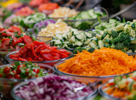 Colorful set of freshly cut vegetables in transparent bowls. Buffet in the restaurantの素材