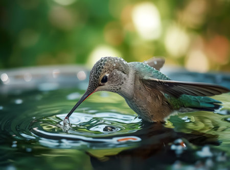A close-up of a hummingbird drinking water, showing its detailed feathers and the rippling waterの素材