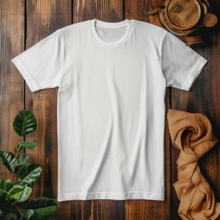 Blank white t-shirt on rustic wooden background with green leaves and brown fabric. Place for an inscriptionの素材
