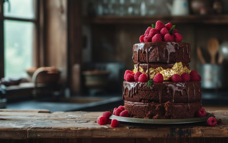Layered chocolate cake with raspberries and gold leaf topping, drizzled with ganacheの素材