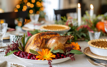 A beautifully presented holiday turkey surrounded by seasonal trimmings, capturing the warmth of festive celebrationsの素材