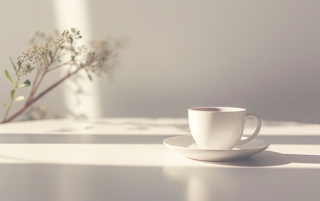 A tranquil setting featuring a cup of coffee on a table, bathed in soft natural light with a subtle floral arrangementの素材