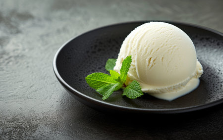 Perfect scoop of vanilla ice cream with a mint leaf on a dark plateの素材