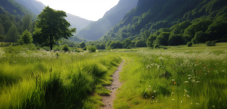 Serene path through a lush green valley with towering mountains in the backgroundの素材
