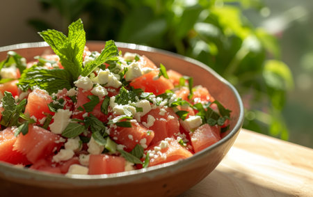 Bright watermelon salad with feta cheese and fresh mint on a sunny tableの素材