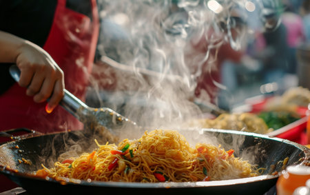Steam rises from a sizzling wok as noodles are expertly tossed at a bustling street food market stallの素材