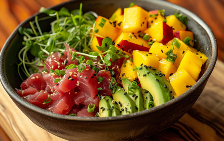 A harmonious blend of sushi-grade tuna, ripe mango, and creamy avocado in a poke bowl, sprinkled with sesame seedsの素材