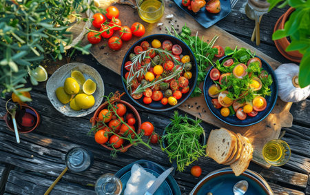 An overhead view of a garden-fresh tomato salad, featuring a colorful medley of heirloom tomatoes, on a rustic wooden tableの素材