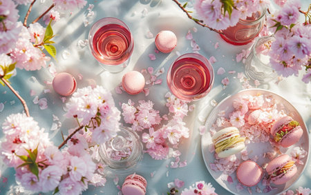 A picturesque springtime picnic with pink macarons and wine, surrounded by soft cherry blossoms in gentle sunlightの素材