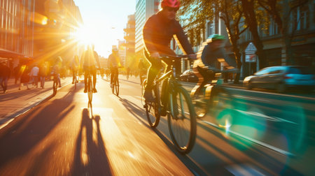 Dynamic image of cyclists riding in city during sunset creating long shadowsの素材