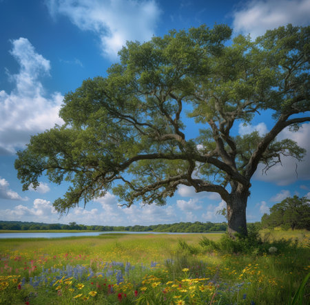 Majestic oak tree stands over a colorful wildflower meadow by a serene lake, exemplifying natural splendorの素材
