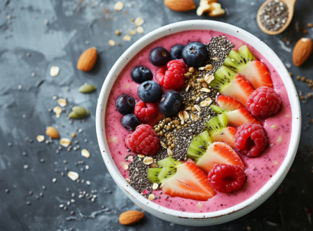 Vibrant mixed fruit smoothie bowl topped with fresh berries, kiwi, seeds, and nuts on a dark surfaceの素材