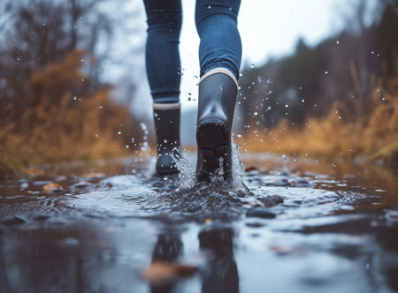 A person in boots stepping into a muddy puddle, splashing water, amidst an autumn settingの素材