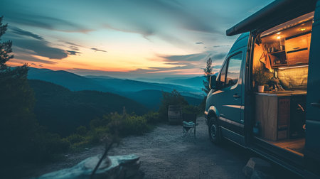 Photo for Camper van parked on a mountain at sunset with panoramic views of the valley - Royalty Free Image