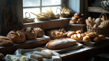 A rustic display of various freshly baked artisanal bread in a bakeryの素材
