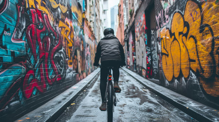 Cyclist riding bike down an urban alley adorned with vibrant graffitiの素材