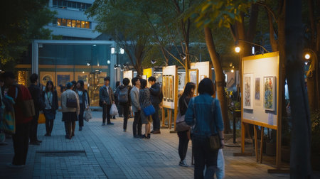 Visitors enjoy an outdoor art gallery illuminated by gentle lights against the evening skyの素材