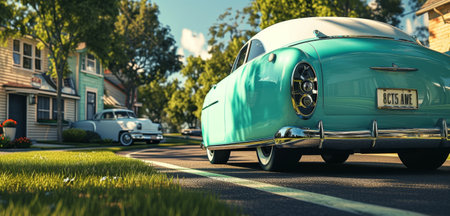 Vintage teal automobile parked on a sunny suburban street, evoking a sense of 1950s nostalgiaの素材