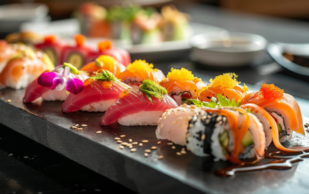 Exquisite selection of sushi with vibrant toppings and artistic presentation on a slate boardの素材