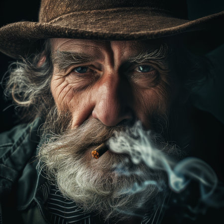 Elderly man in a hat, smoking a cigar, surrounded by smoke against a dark backgroundの素材