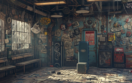 Cluttered, graffiti-covered room with a vintage vibe, filled with old posters, a jukebox, and scattered debrisの素材