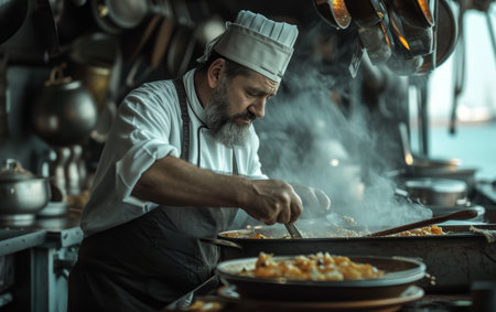 A chef prepares food on a ship's deck at sunset, surrounded by cooking utensils and the ship's riggingの素材