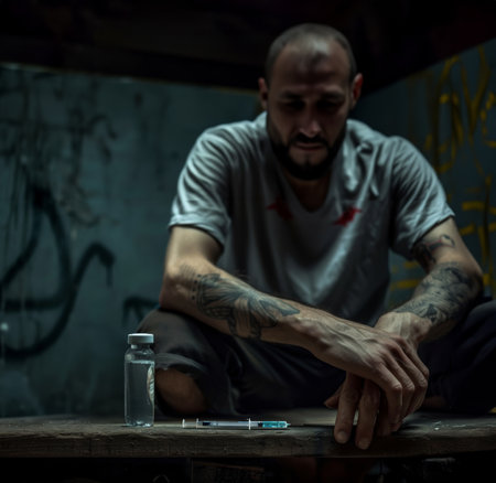 A tattooed man is pictured in a poorly lit setting, seated on a wooden stool, ostensibly preparing to inject a substance from a small bottleの素材