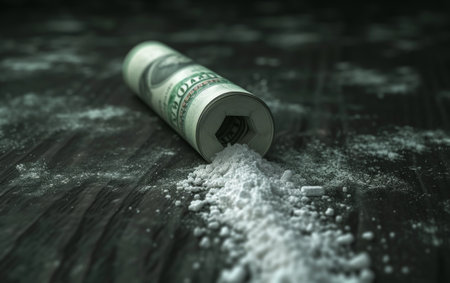 This image depicts a rolled-up US dollar bill resting on a pile of white powdery substance, suggesting potential illicit activityの素材