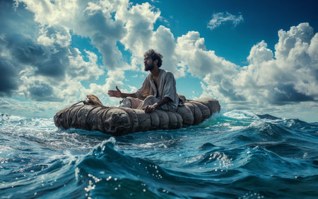 A man in rags on a makeshift raft amidst turbulent seas, under a dramatic sunset skyの素材
