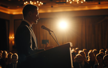 Man in a suit standing at a podium, delivering a speech to an attentive audience in a hallの素材