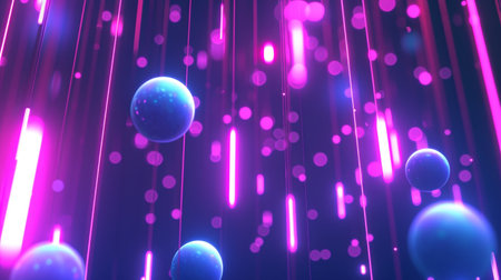 Floating spherical orbs with neon pink highlights amidst vertical light streaks in a magical settingの素材
