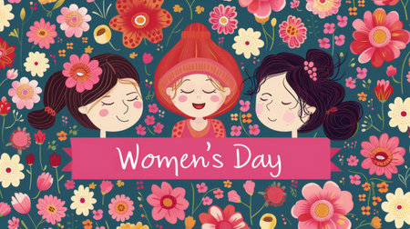 Playful cartoon women celebrating Women's Day among vibrant floral backgroundの素材