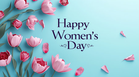 Serene blue background with pink tulips and elegant Women's Day scriptの素材