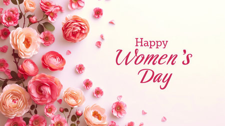 3D rendering of pink flowers against a white background with Happy Women's Day messageの素材