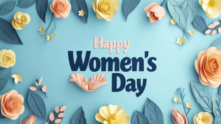 Artistic blue background with papercut flowers and Happy Women's Day messageの素材