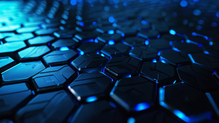 Close-up view of hexagonal pattern with blue neon lighting, giving a futuristic technology textureの素材