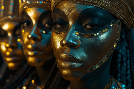 Close-ups of historical clothing on beautiful girls with striking, intricately patterned eyes and rich, rich gold-colored fabricsの素材