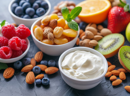Fresh fruits, nuts, and yogurt on a textured surface, a colorful and healthy snack optionの素材